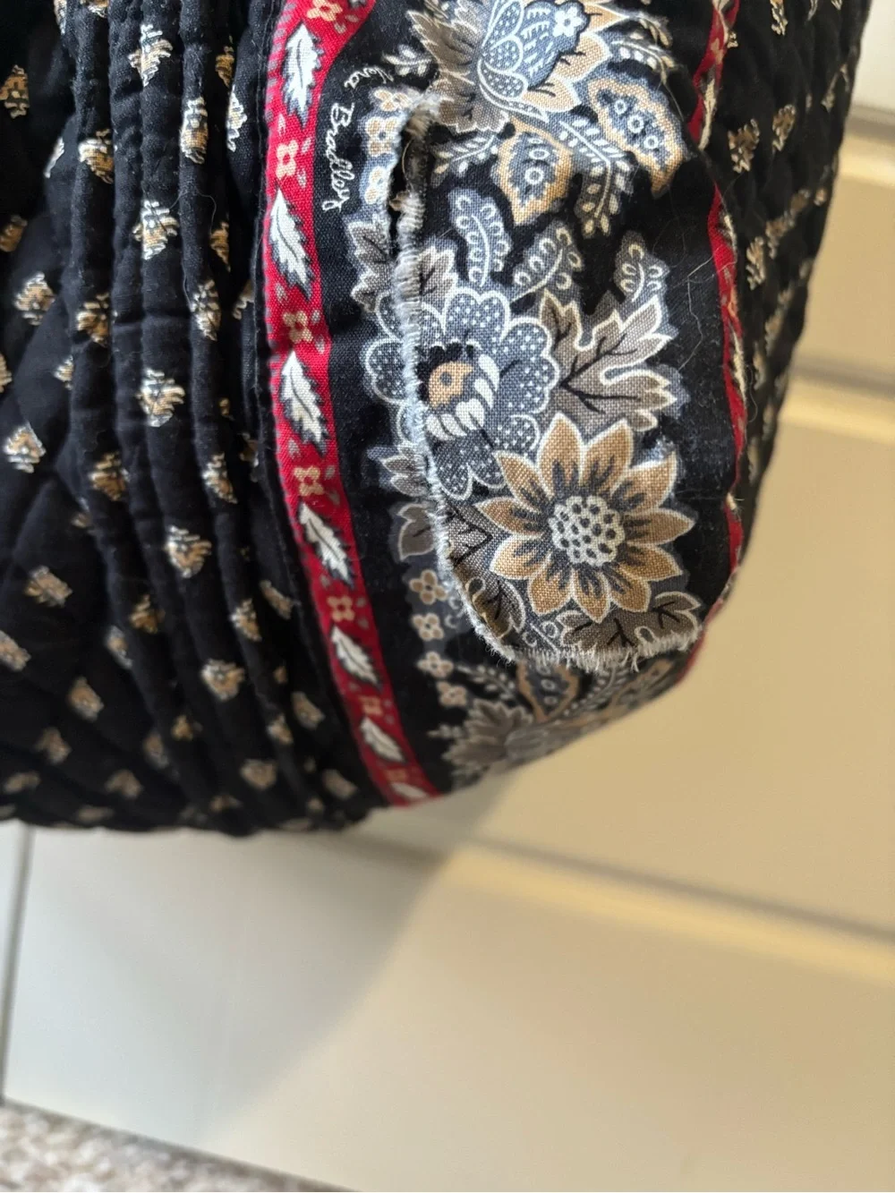 Vera Bradley Black Quilted Travel Duffel with Red and Cream Floral Trim